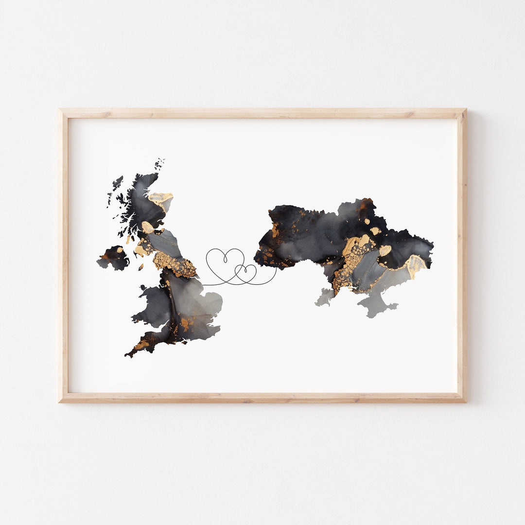 Britain and Ukraine Map Black & Gold Travel Wall Art Print | United Kingdom | UK