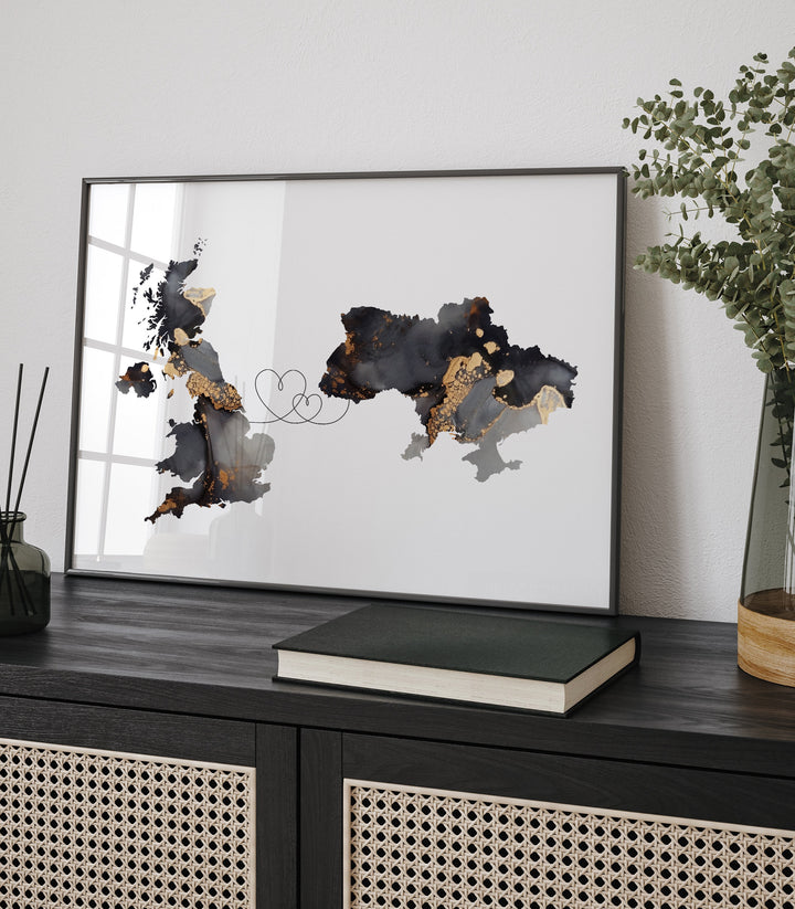 Britain and Ukraine Map Black & Gold Travel Wall Art Print | United Kingdom | UK