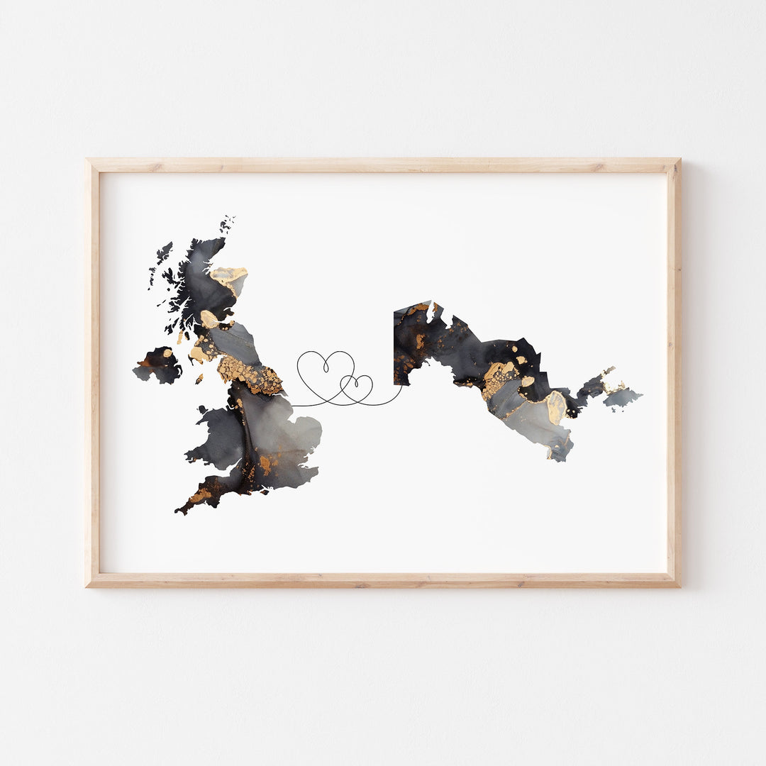 Britain and Uzbekistan Map Black & Gold Travel Wall Art Print | United Kingdom | UK