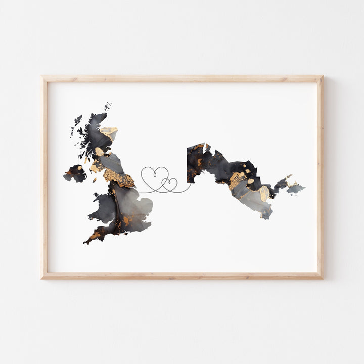Britain and Uzbekistan Map Black & Gold Travel Wall Art Print | United Kingdom | UK