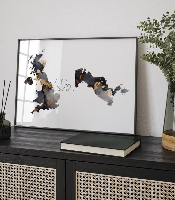 Britain and Uzbekistan Map Black & Gold Travel Wall Art Print | United Kingdom | UK