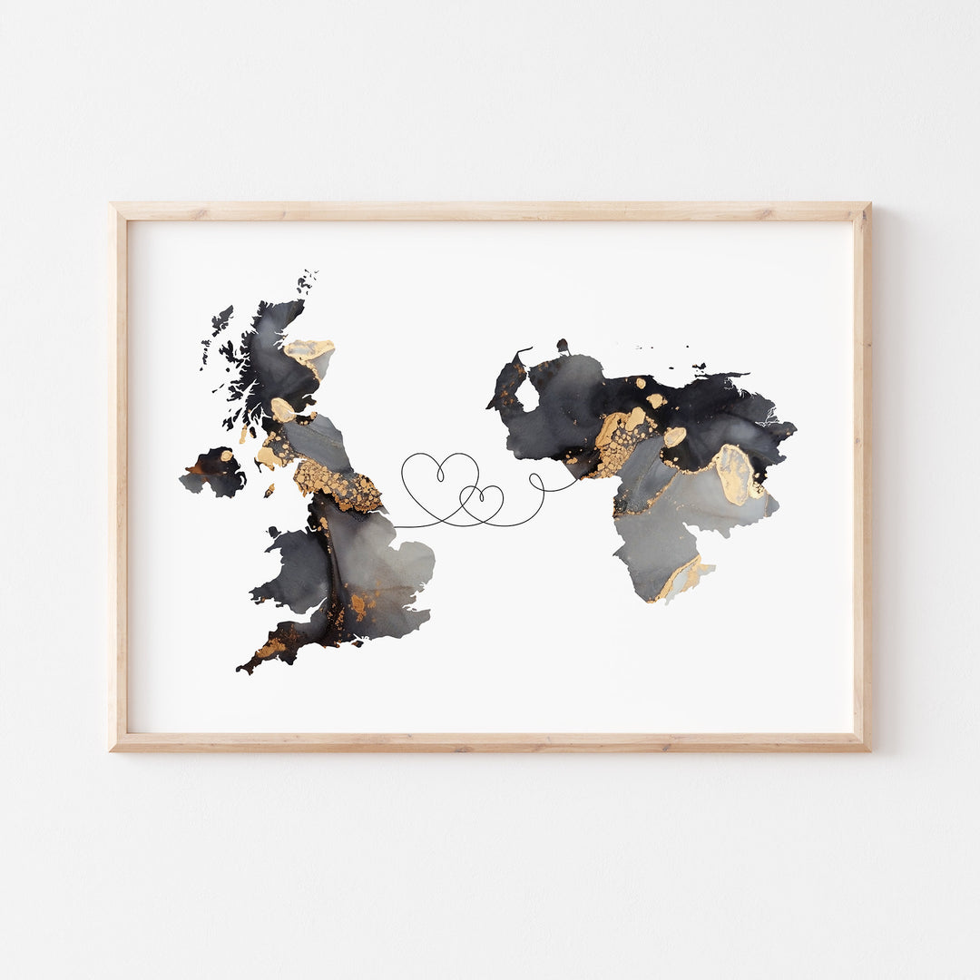 Britain and Venezuela Map Black & Gold Travel Wall Art Print | United Kingdom | UK
