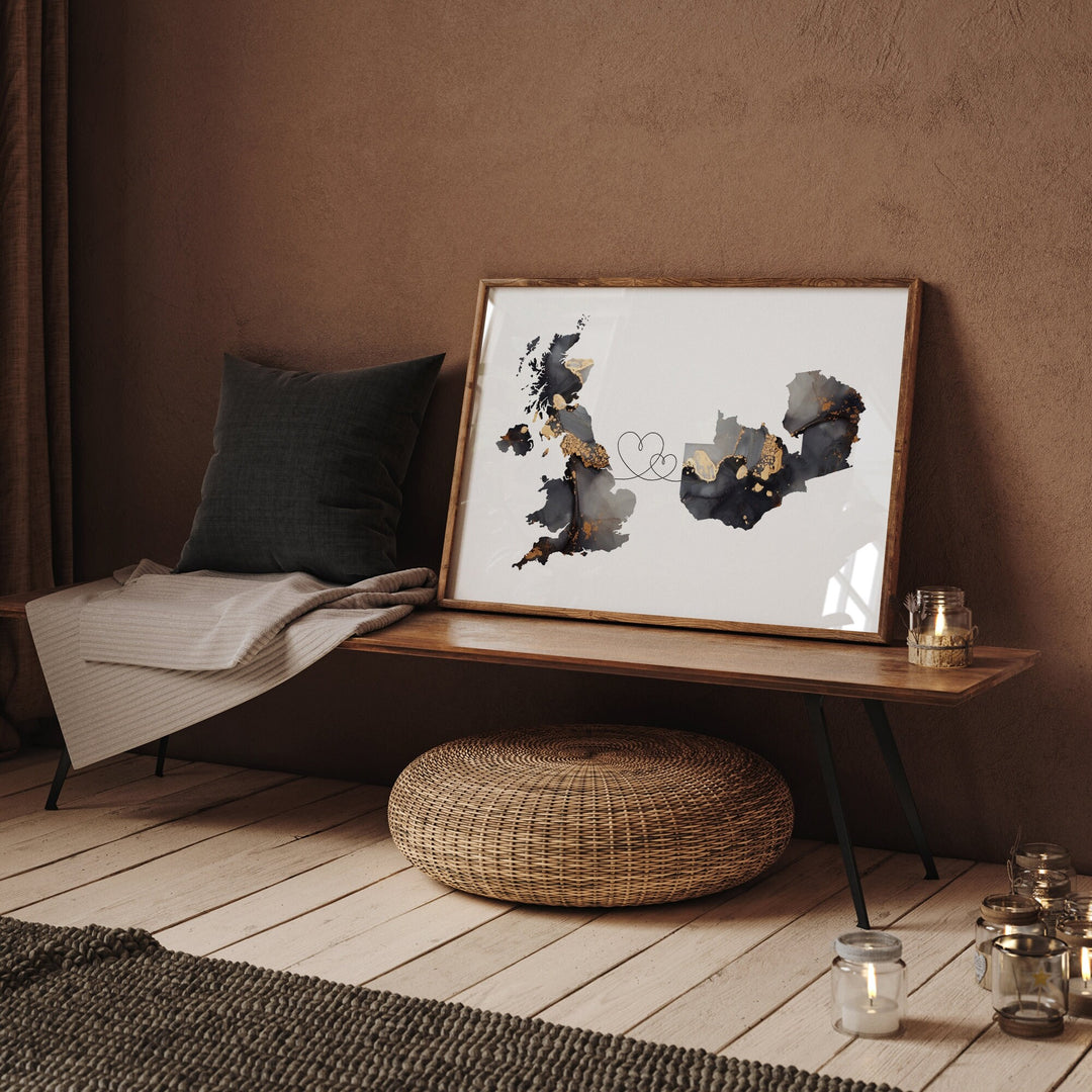 Britain and Zambia Map Black & Gold Travel Wall Art Print | United Kingdom | UK