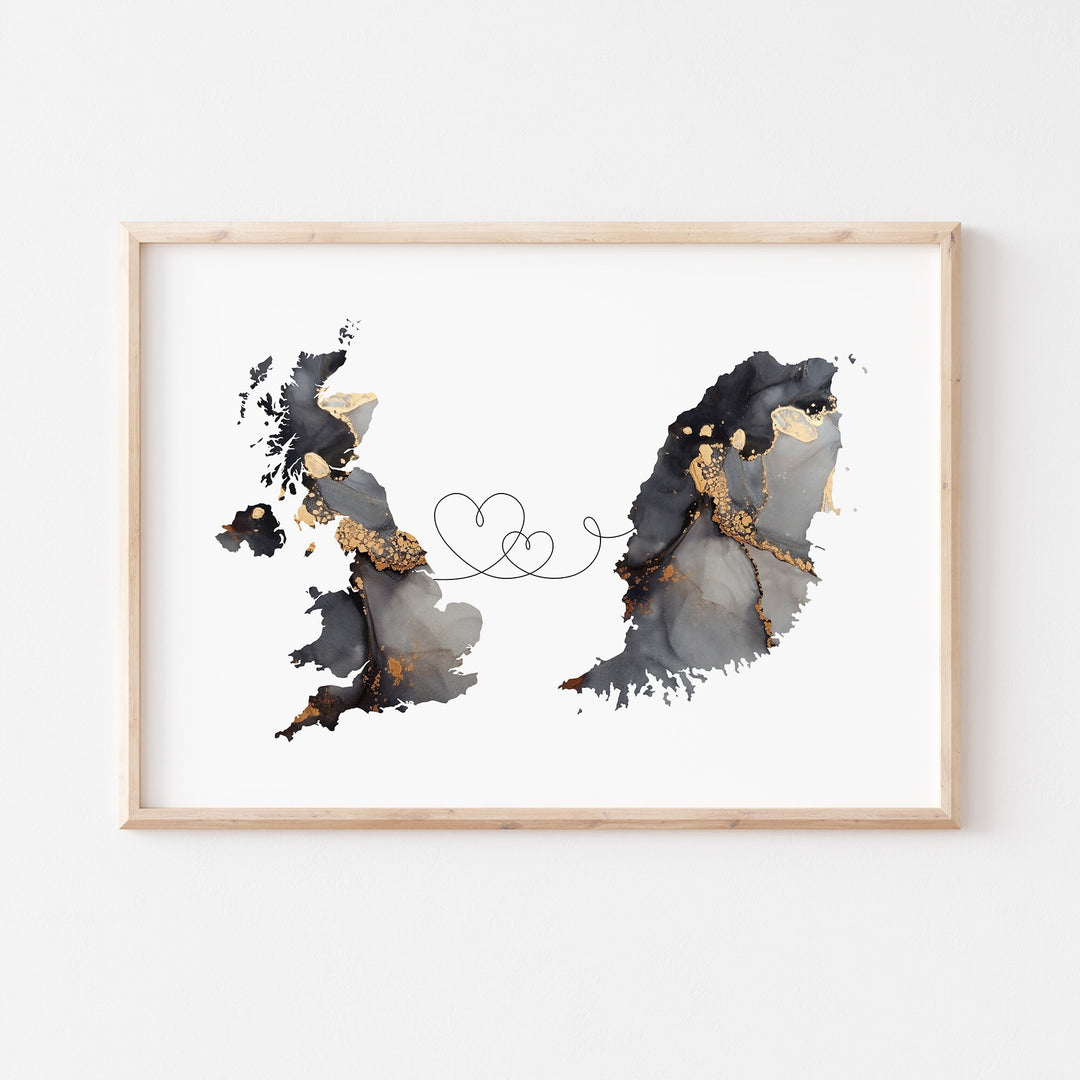 Britain and Grenada Map Black & Gold Travel Wall Art Print | United Kingdom | UK