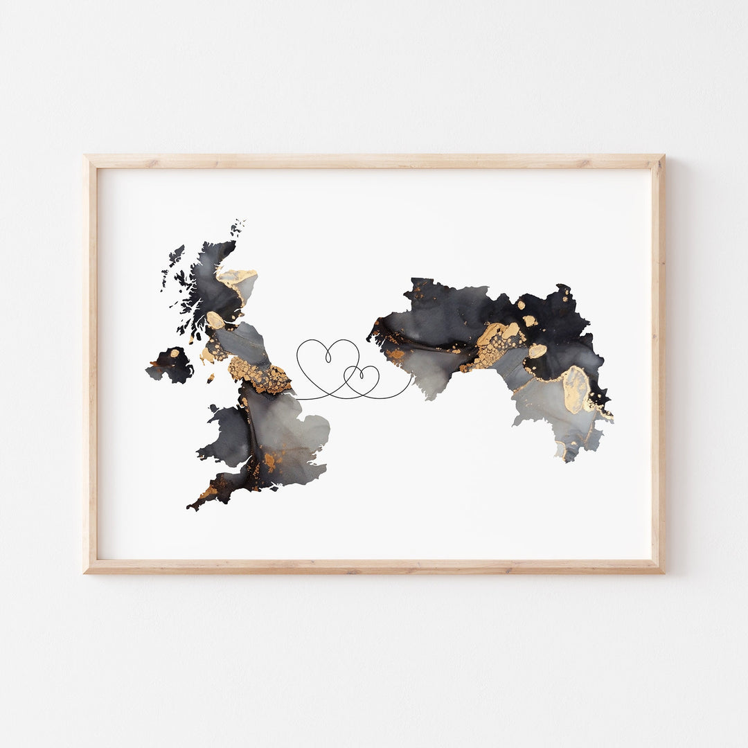 Britain and Guinea Map Black & Gold Travel Wall Art Print | United Kingdom | UK