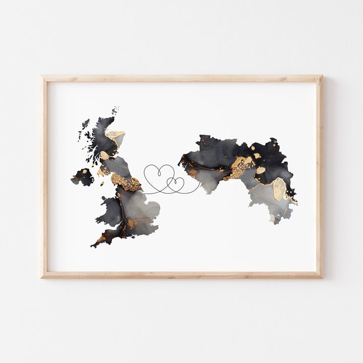 Britain and Guinea Map Black & Gold Travel Wall Art Print | United Kingdom | UK