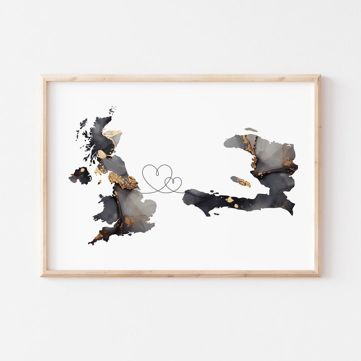 Britain and Haiti Map Black & Gold Travel Wall Art Print | United Kingdom | UK
