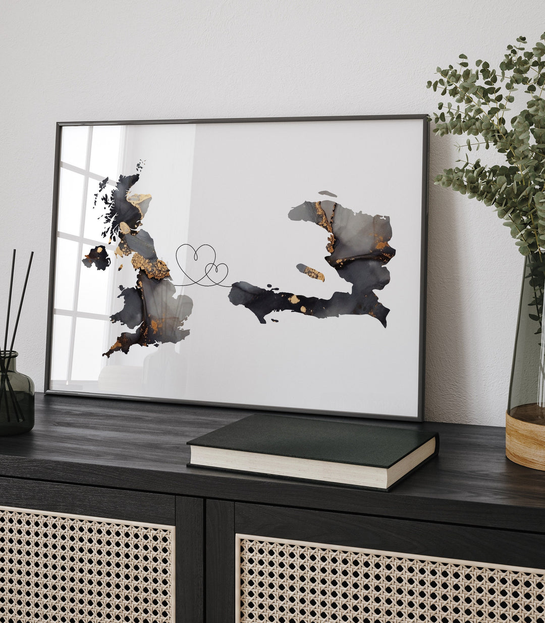Britain and Haiti Map Black & Gold Travel Wall Art Print | United Kingdom | UK
