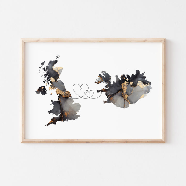 Britain and Iceland Map Black & Gold Travel Wall Art Print | United Kingdom | UK