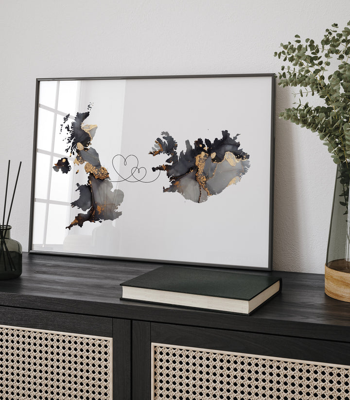 Britain and Iceland Map Black & Gold Travel Wall Art Print | United Kingdom | UK