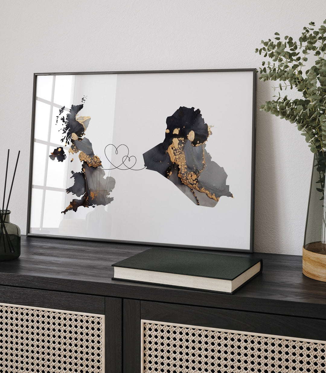 Britain and Iraq Map Black & Gold Travel Wall Art Print | United Kingdom | UK