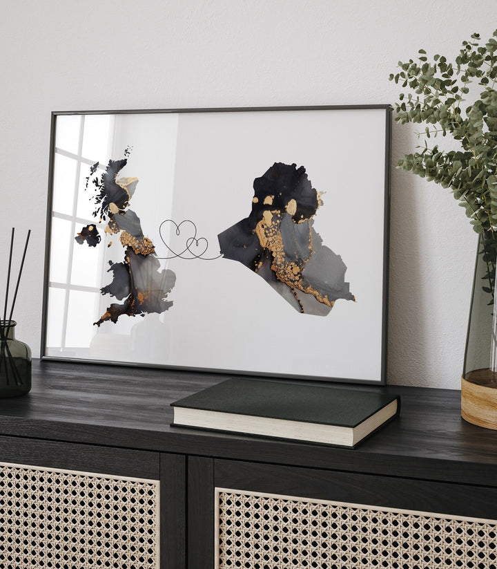 Britain and Iraq Map Black & Gold Travel Wall Art Print | United Kingdom | UK