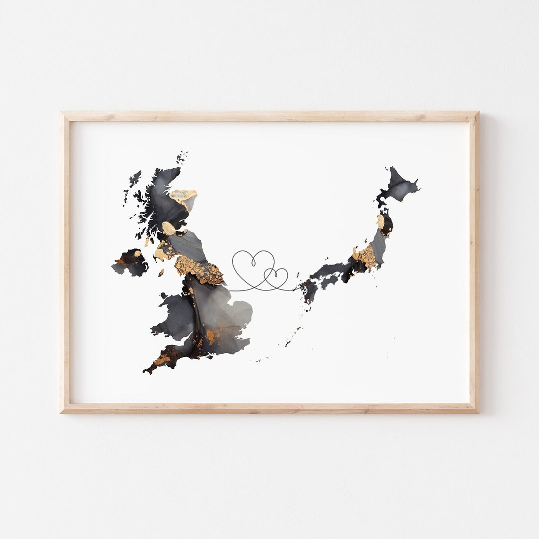 Britain and Japan Map Black & Gold Travel Wall Art Print | United Kingdom | UK