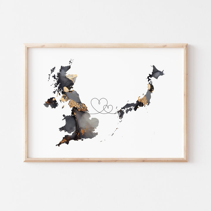 Britain and Japan Map Black & Gold Travel Wall Art Print | United Kingdom | UK