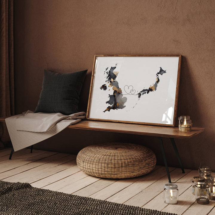 Britain and Japan Map Black & Gold Travel Wall Art Print | United Kingdom | UK