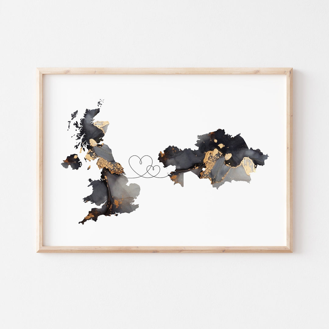 Britain and Kazakhstan Map Black & Gold Travel Wall Art Print | United Kingdom | UK