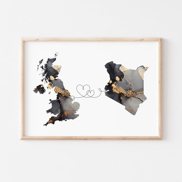 Britain and Kenya Map Black & Gold Travel Wall Art Print | United Kingdom | UK