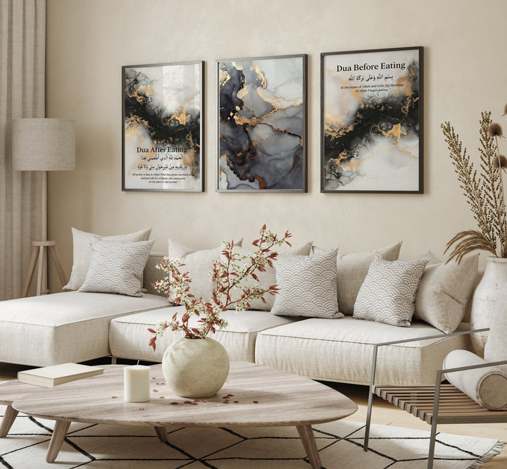 Set of 3 Before And After Eating Dua Islamic Wall Art Prints in Grey & Gold Alcohol Ink Digital Art Prayers