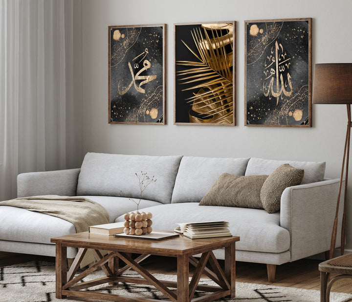 Set of 3 Black & Gold Abstract Islamic Wall Art Prints Allah and Prophet Muhammad With Leaf Details