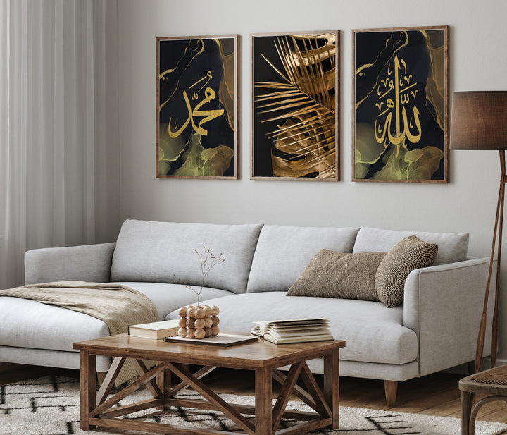 Set of 3 Black & Gold Abstract Islamic Wall Art Prints Allah and Prophet Muhammad With Leaf Details Digital Alcohol Ink Background