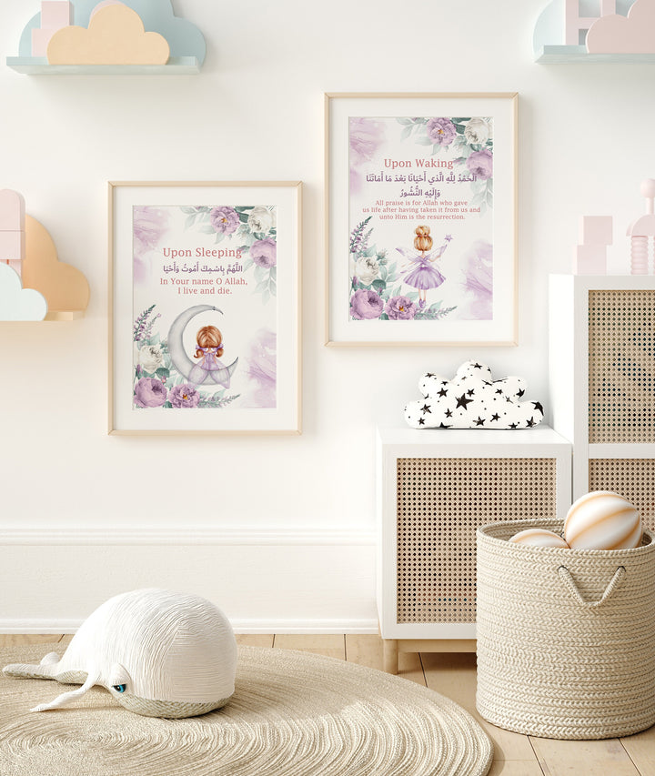 Set of 3 Childrens Islamic Wall Art Prints in Purple Fairy & Floral Theme Morning Dua Sleeping Dua Ayatul Kursi Grey