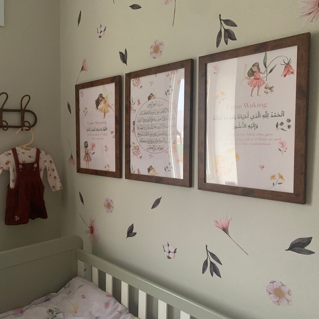 Set of 3 Childrens Islamic Wall Art Prints in Fairy & Floral Theme Morning Dua Sleeping Dua Ayatul Kursi Sage Green and Pink