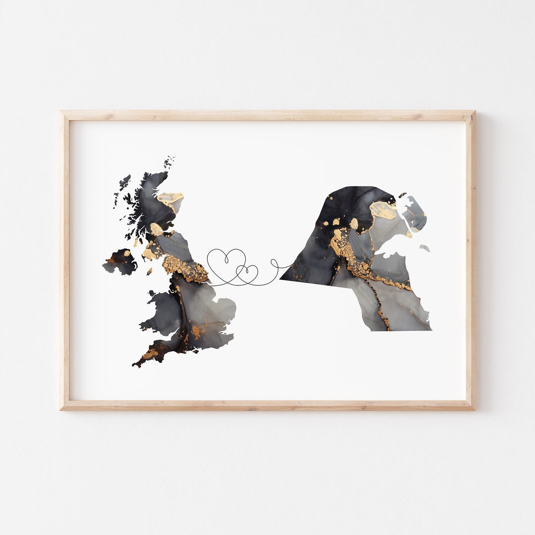 Britain and Kuwait Map Black & Gold Travel Wall Art Print | United Kingdom | UK