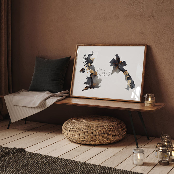 Britain and Laos Map Black & Gold Travel Wall Art Print | United Kingdom | UK
