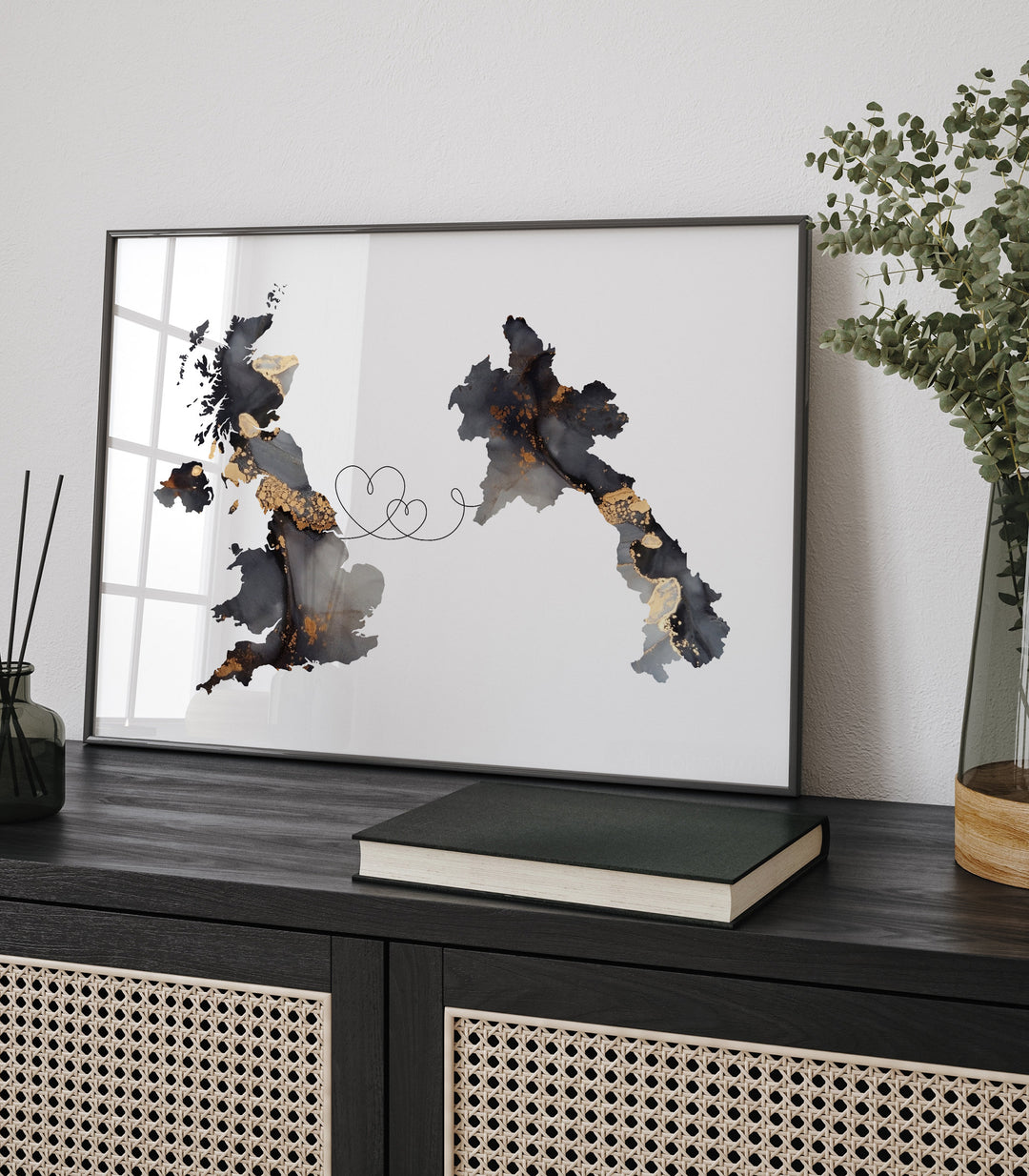 Britain and Laos Map Black & Gold Travel Wall Art Print | United Kingdom | UK