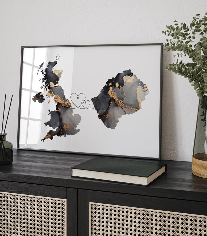 Britain and Lesotho Map Black & Gold Travel Wall Art Print | United Kingdom | UK