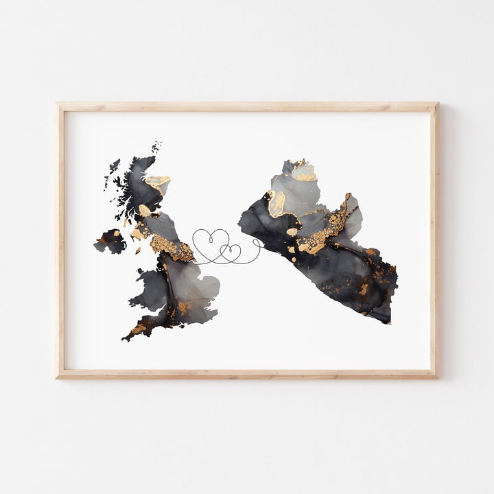 Britain and Liberia Map Black & Gold Travel Wall Art Print | United Kingdom | UK