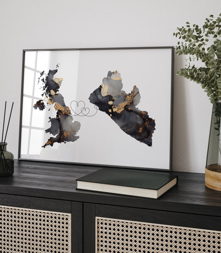 Britain and Liberia Map Black & Gold Travel Wall Art Print | United Kingdom | UK