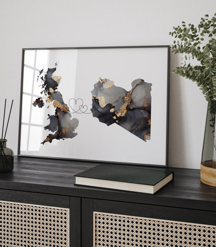 Britain and Libya Map Black & Gold Travel Wall Art Print | United Kingdom | UK