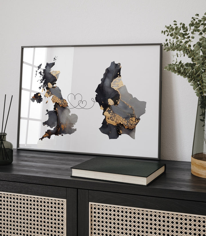 Britain and Luxembourg Map Black & Gold Travel Wall Art Print | United Kingdom | UK