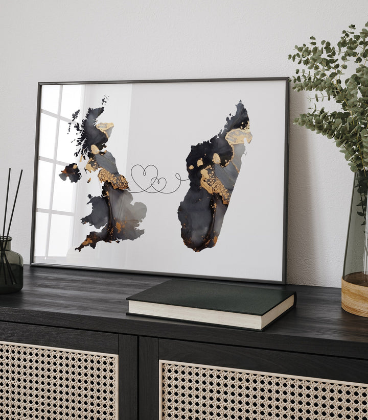 Britain and Madagascar Map Black & Gold Travel Wall Art Print | United Kingdom | UK