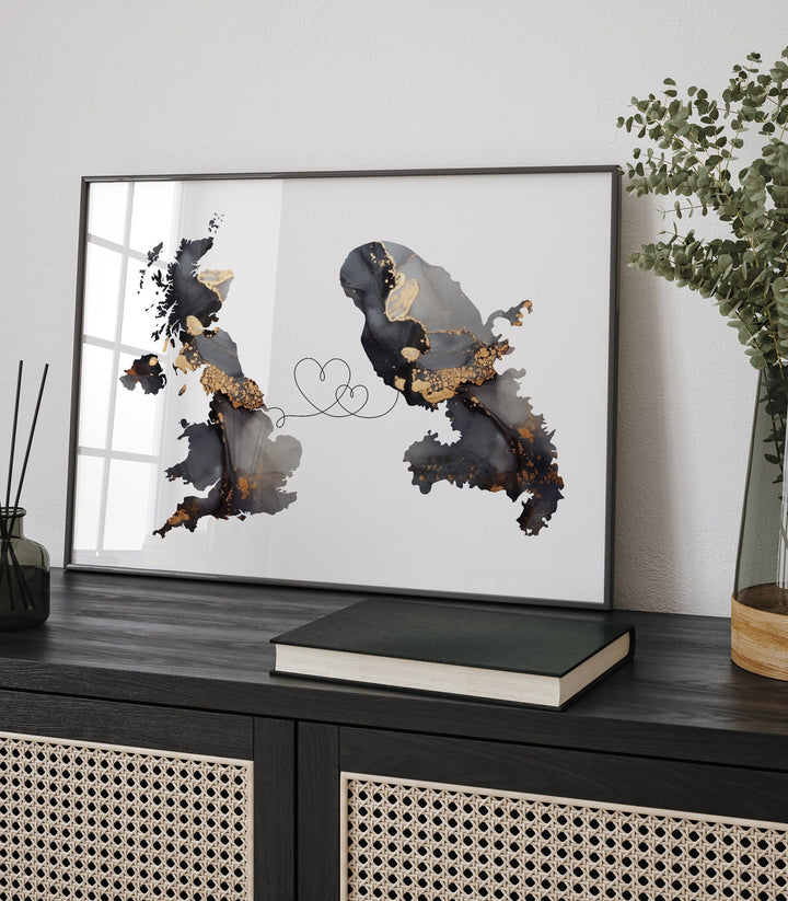 Britain and Martinique Map Black & Gold Travel Wall Art Print | United Kingdom | UK