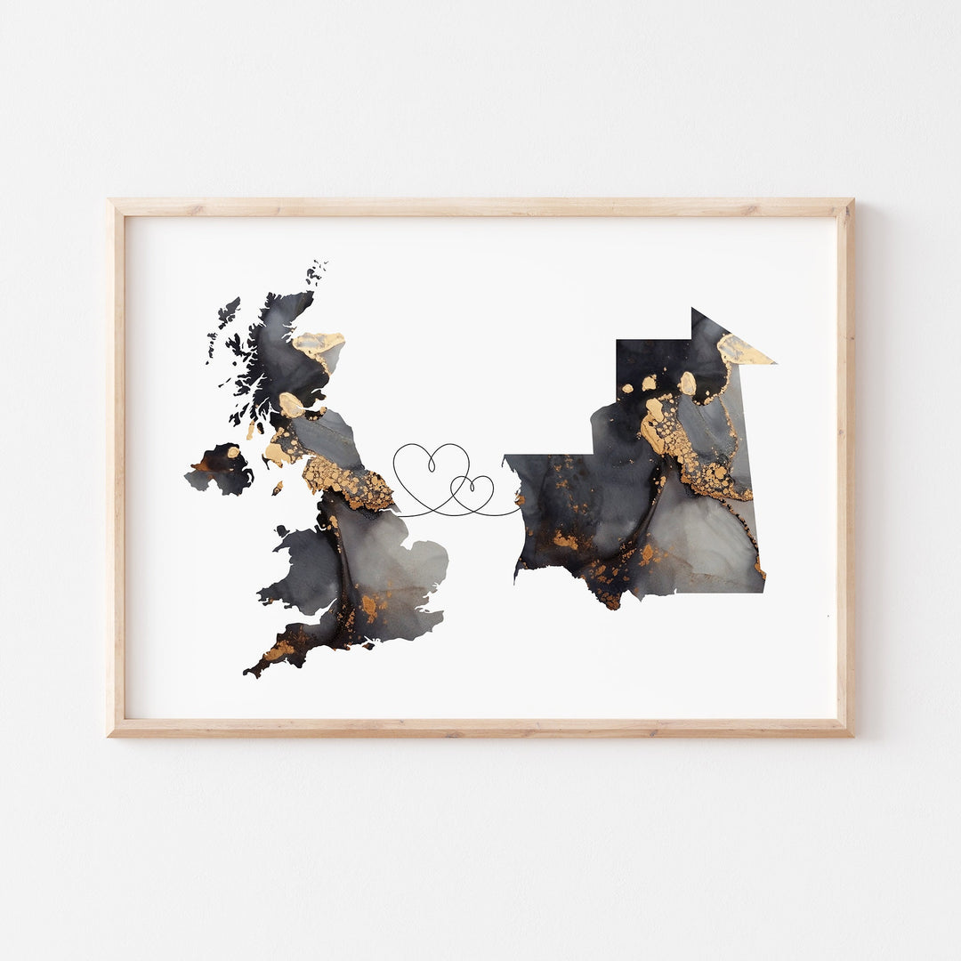 Britain and Mauritania Map Black & Gold Travel Wall Art Print | United Kingdom | UK