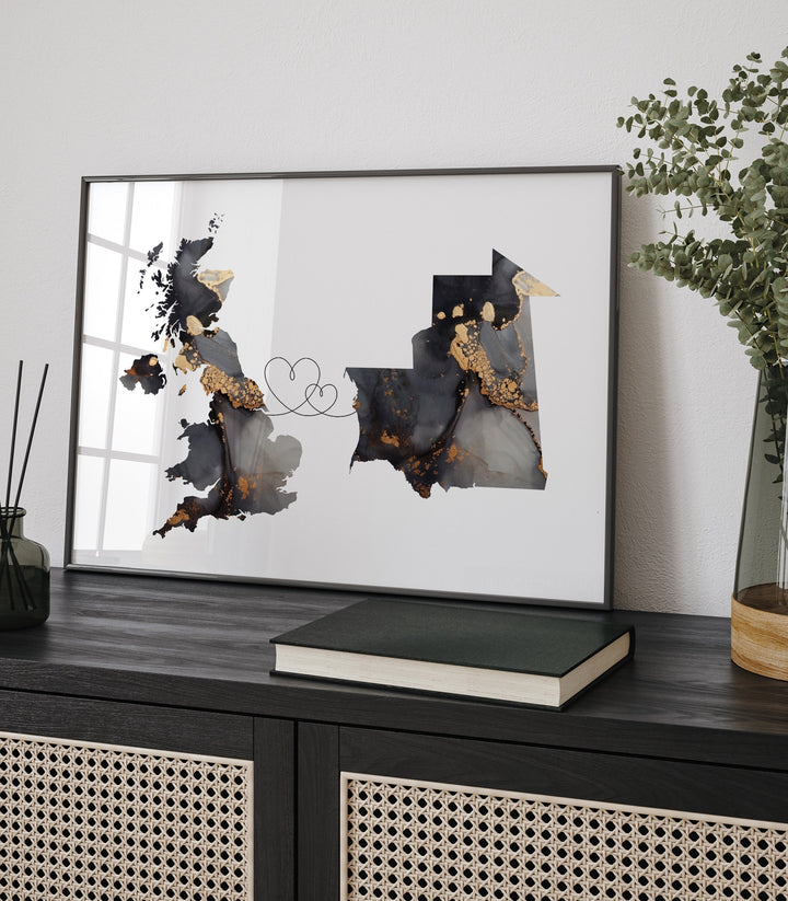 Britain and Mauritania Map Black & Gold Travel Wall Art Print | United Kingdom | UK