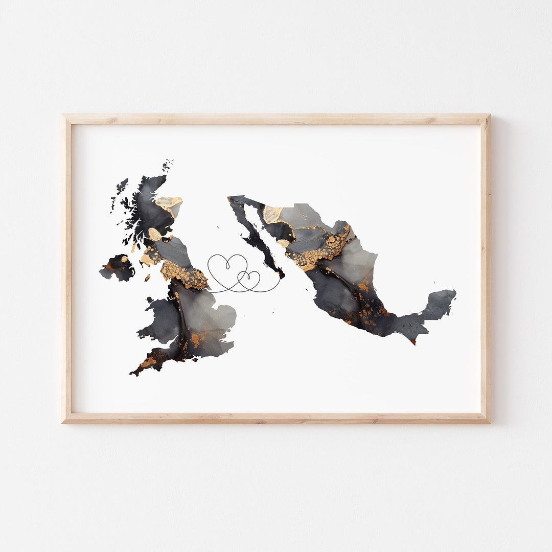 Britain and Mexico Map Black & Gold Travel Wall Art Print | United Kingdom | UK
