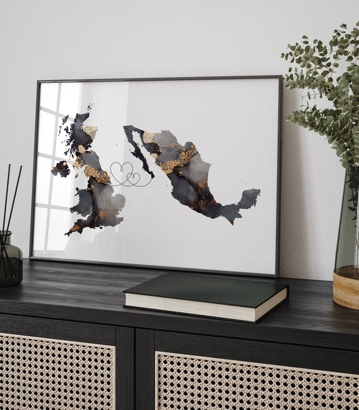 Britain and Mexico Map Black & Gold Travel Wall Art Print | United Kingdom | UK