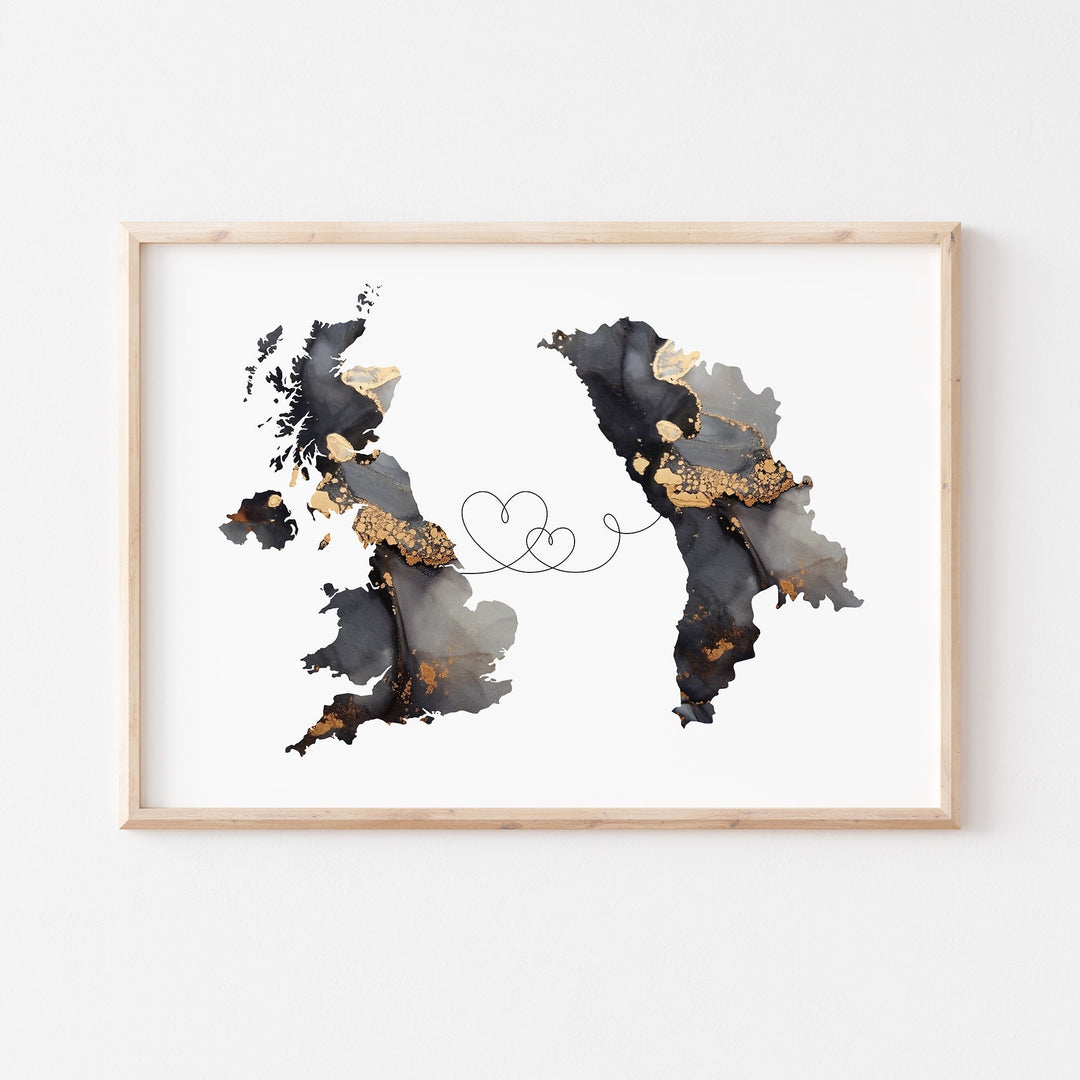 Britain and Moldova Map Black & Gold Travel Wall Art Print | United Kingdom | UK