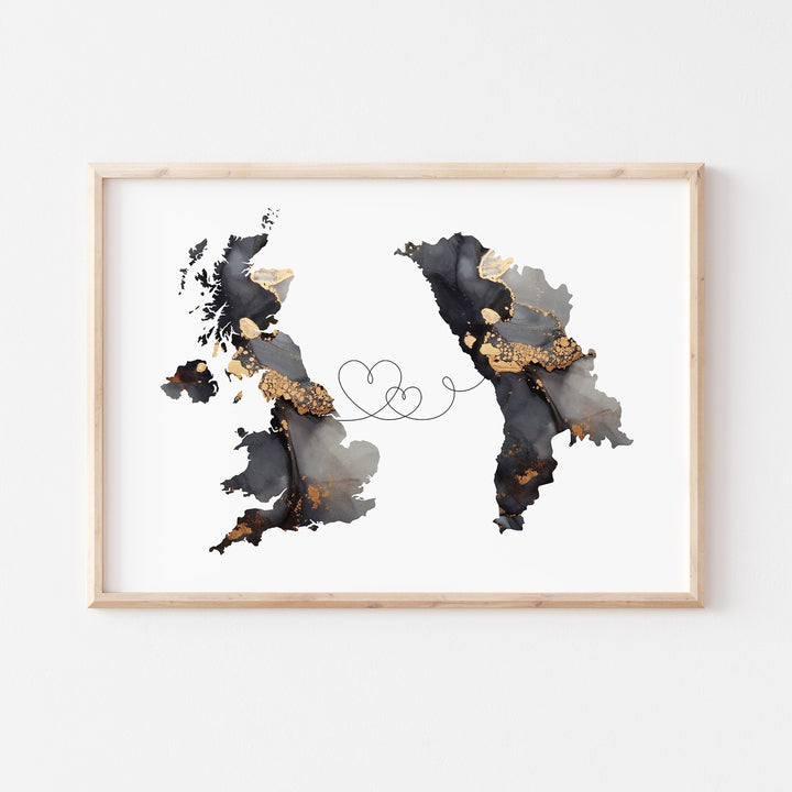 Britain and Moldova Map Black & Gold Travel Wall Art Print | United Kingdom | UK