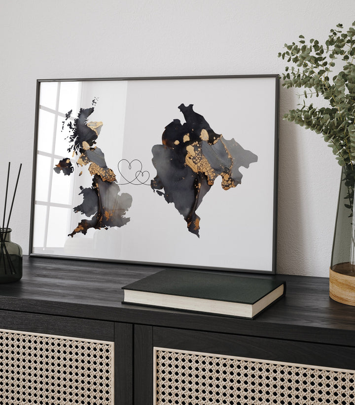 Britain and Montenegro Map Black & Gold Travel Wall Art Print | United Kingdom | UK