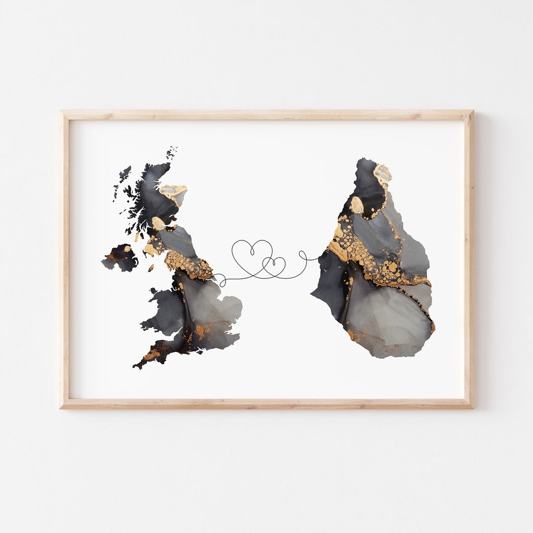 Britain and Montserrato Map Black & Gold Travel Wall Art Print | United Kingdom | UK