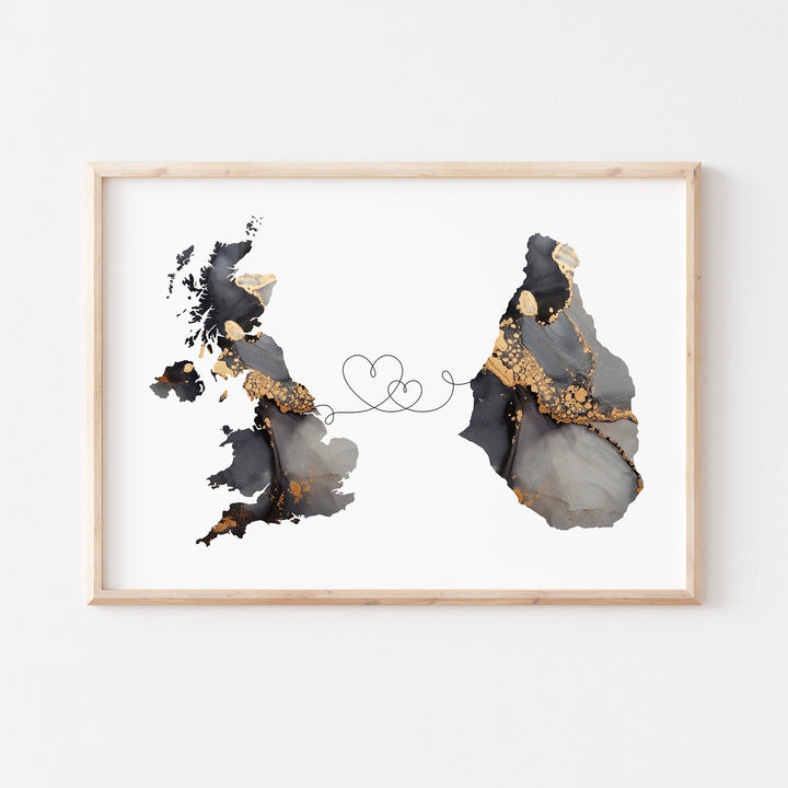 Britain and Montserrato Map Black & Gold Travel Wall Art Print | United Kingdom | UK