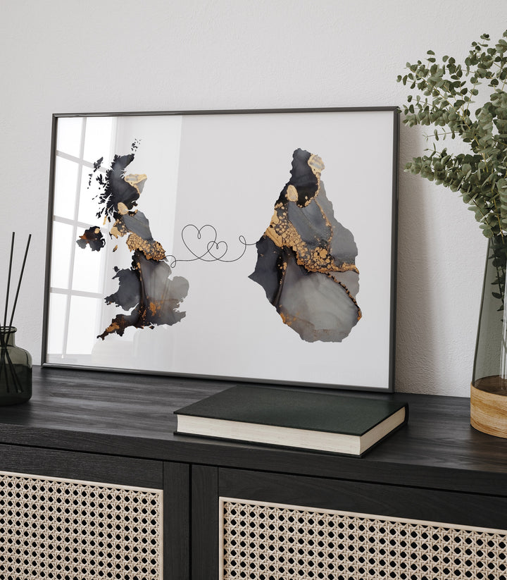 Britain and Montserrato Map Black & Gold Travel Wall Art Print | United Kingdom | UK