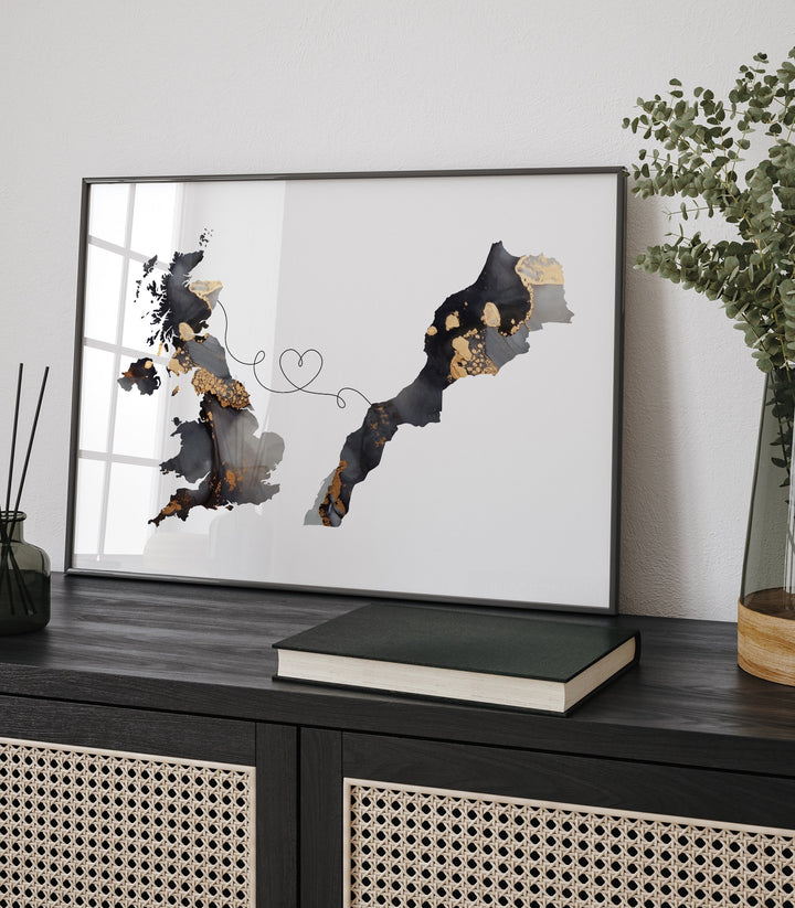Britain and Morocco Map Black & Gold Travel Wall Art Print | United Kingdom | UK