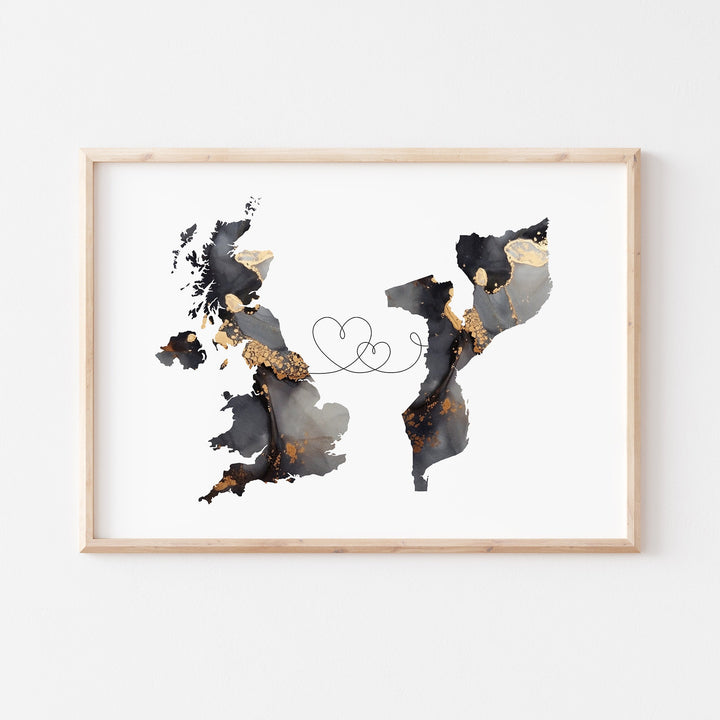 Britain and Mozambique Map Black & Gold Travel Wall Art Print | United Kingdom | UK