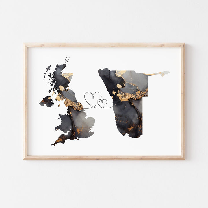 Britain and Namibia Map Black & Gold Travel Wall Art Print | United Kingdom | UK