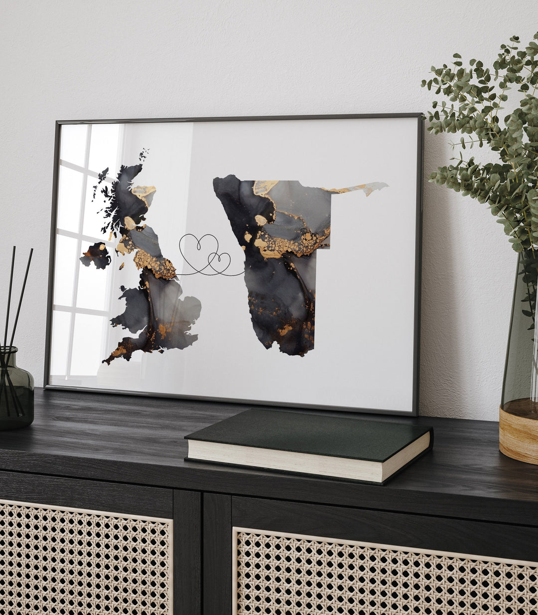 Britain and Namibia Map Black & Gold Travel Wall Art Print | United Kingdom | UK